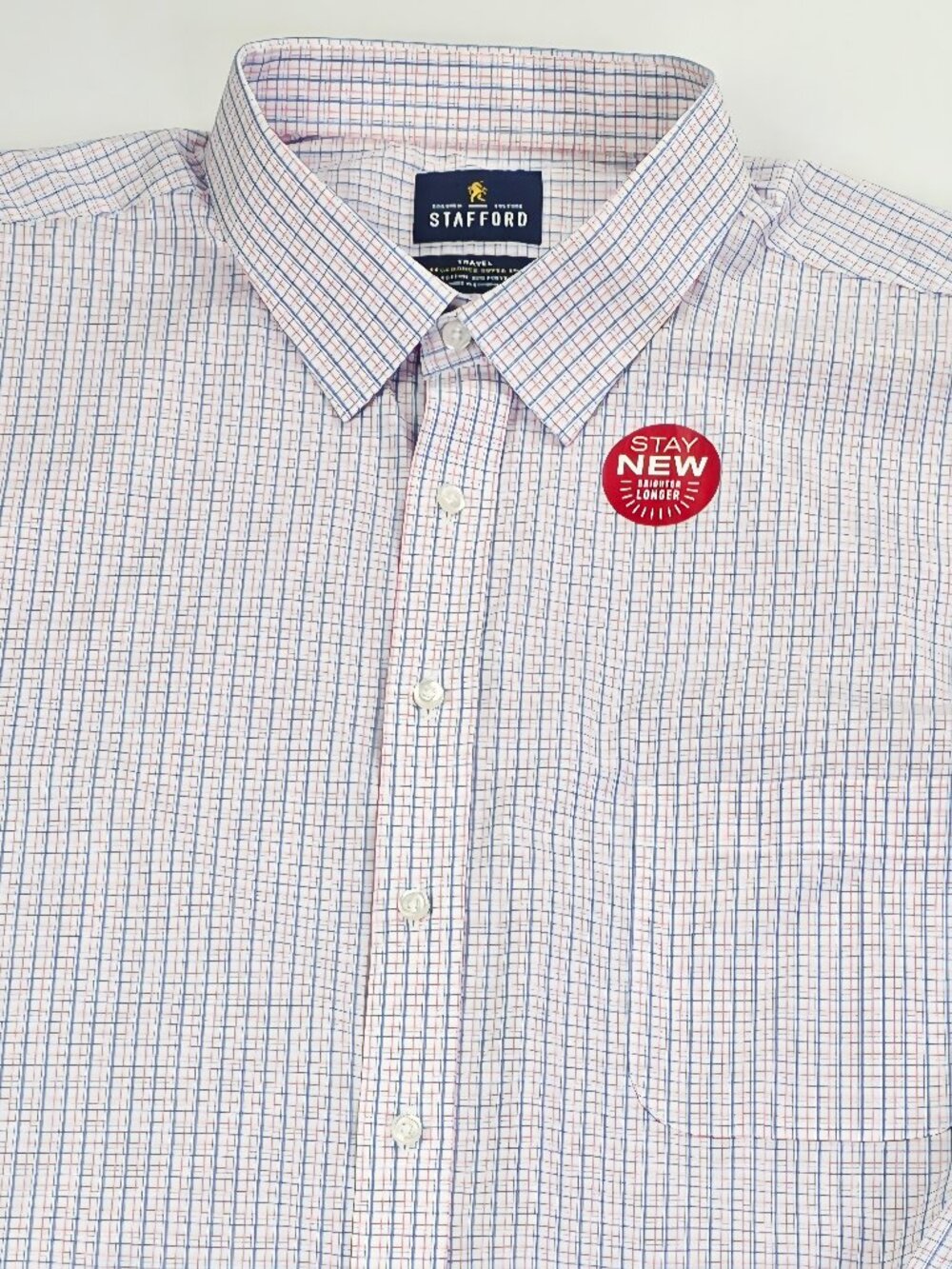 Stafford X-Tall Fit Mens Size 19 38-39 White Pink Blue Check Long Sleeve Shirt